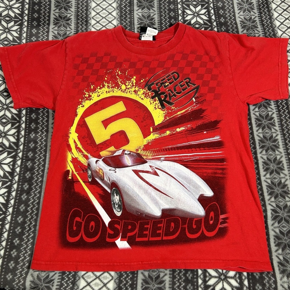 Vintage Y2K Speed Racer Graphic T-Shirt‎ 2008 Movie Promo Tee Kids Size 14/16